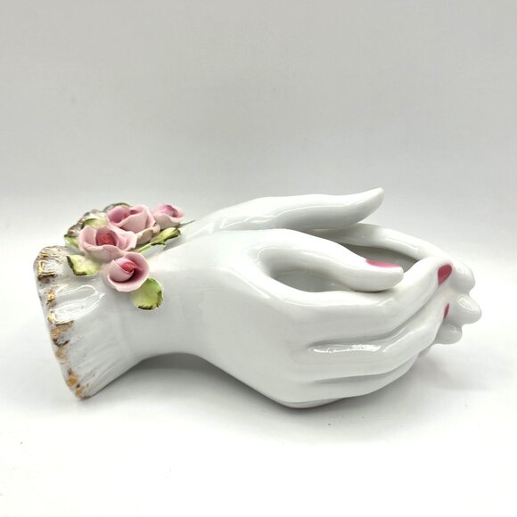 Vintage Lefton China Porcelain Ladies Hands Pink Roses Hand Painted Dish 1950's - Picture 5 of 10